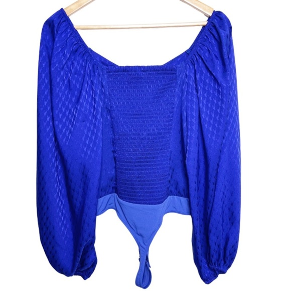 NWT Express Royal Blue Jacquard Tie Front Long Sleeve Bodysuit Size Large - Picture 10 of 16